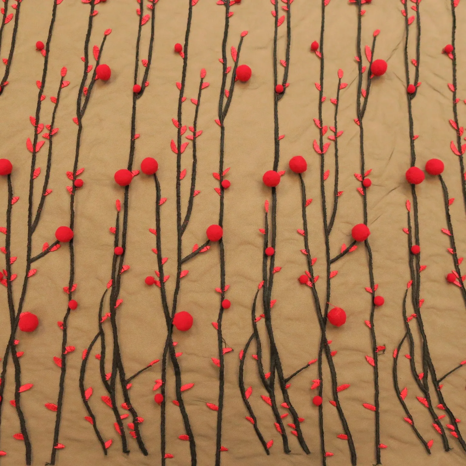 Black Tulle with Red 3D High Relief Balls and Branches Embroidered Fabric