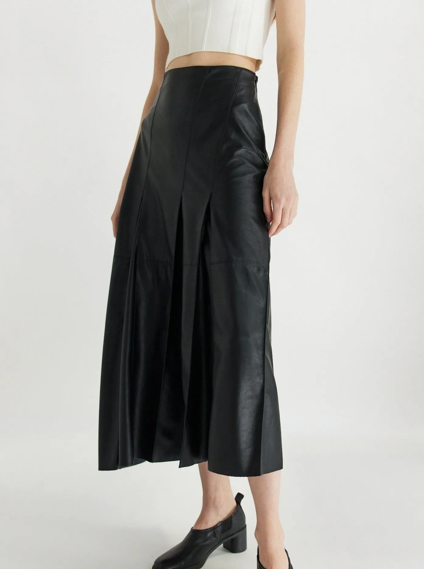 Black Vegan Leather Pleat Midi Skirt