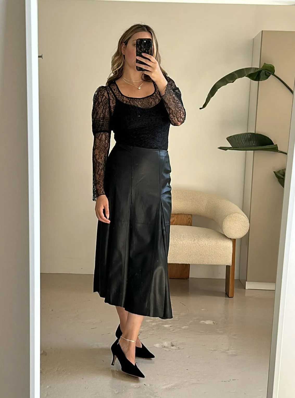 Black Vegan Leather Pleat Midi Skirt