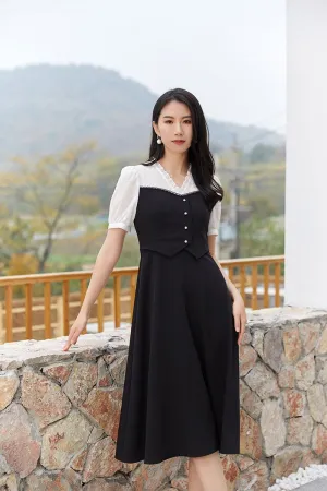 Black White Fake Two Pieces Waist Dress