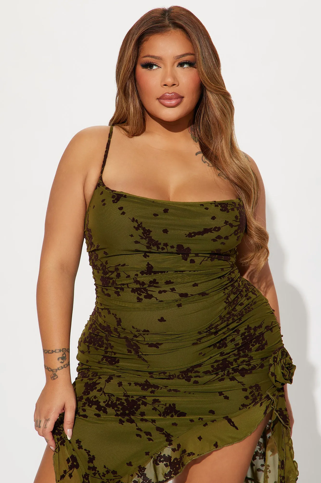 Blossom Bliss Mesh Midi Dress - Olive