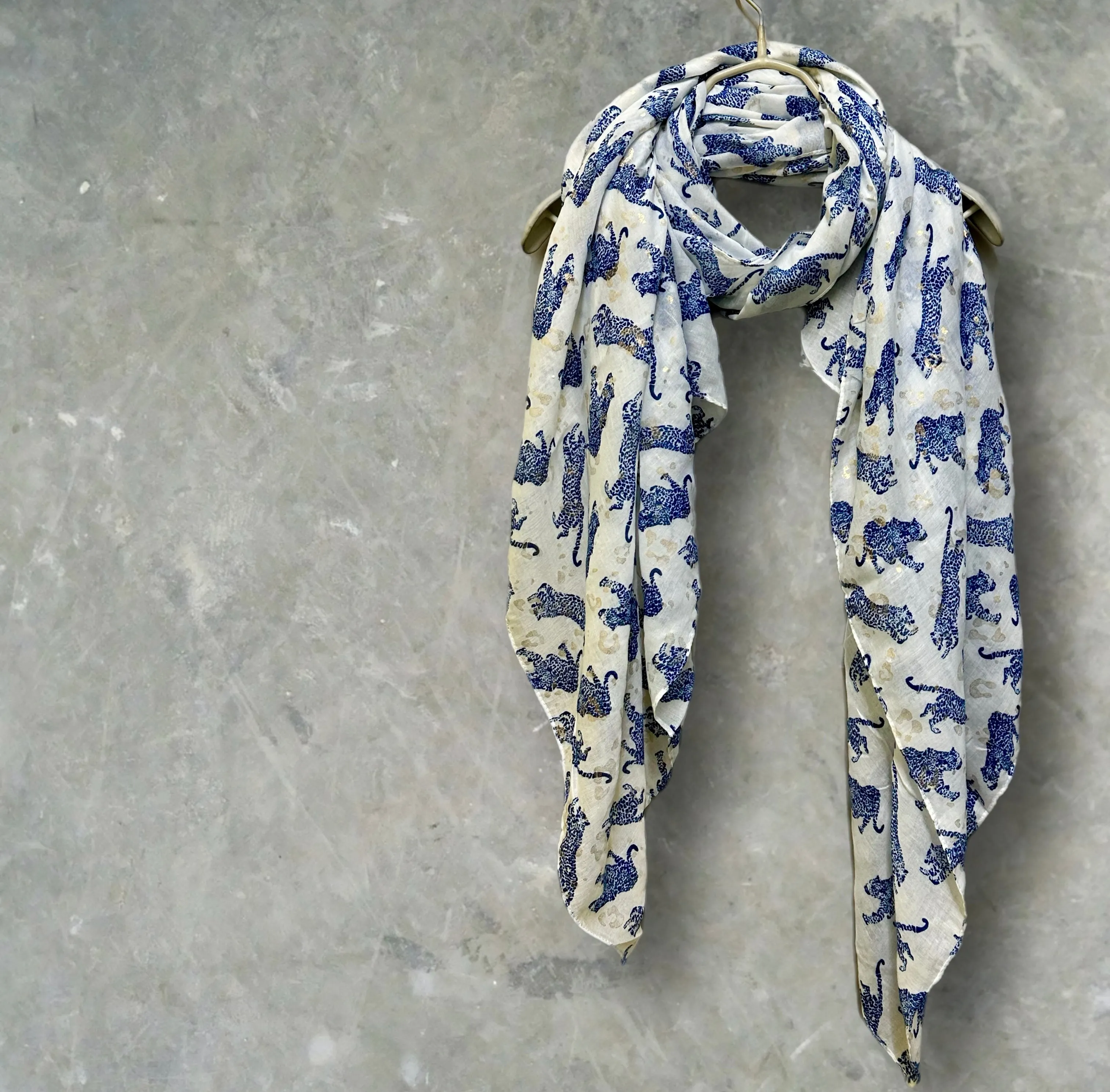 Blue classic leopards print off white scarf for women,perfect for any season and great gifts for her,mother,birthday and Christmas