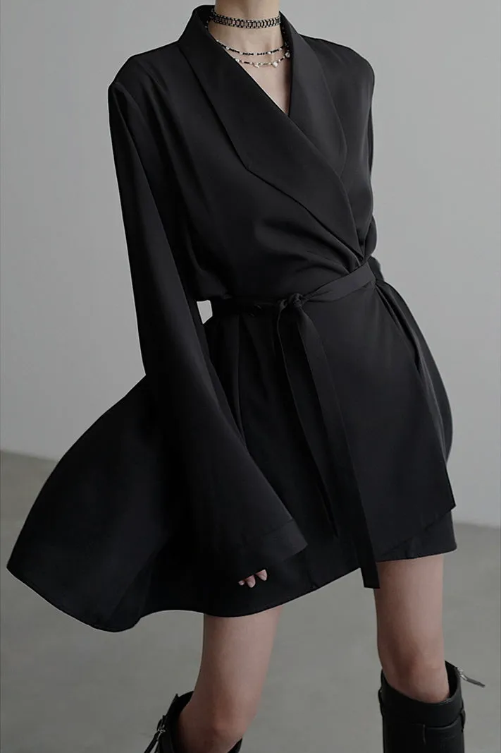 Blunt Collar Tie Waist Long Sleeve Dress