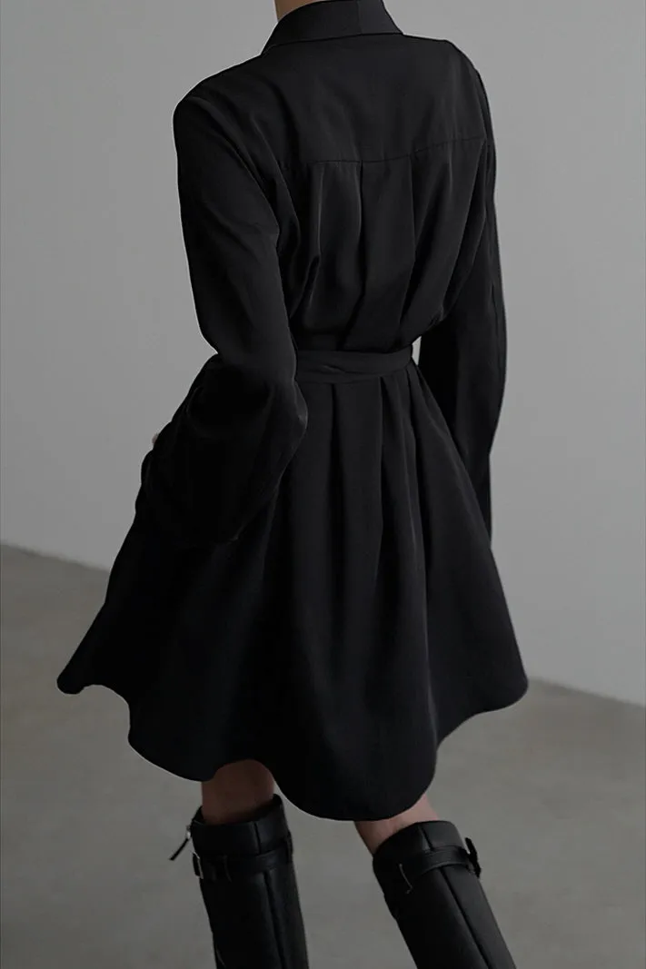 Blunt Collar Tie Waist Long Sleeve Dress