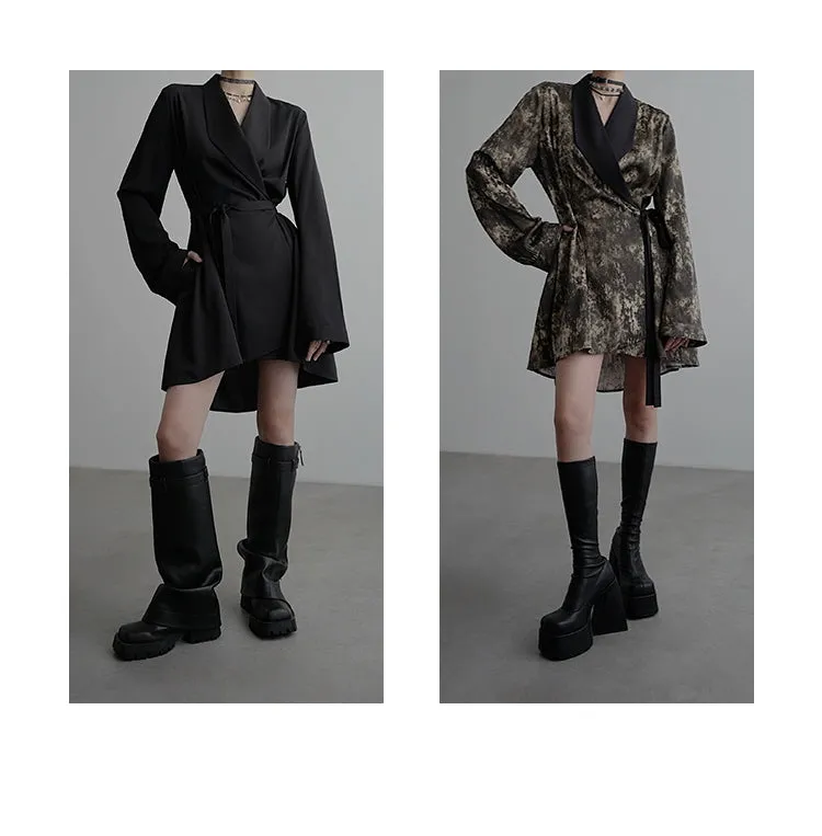 Blunt Collar Tie Waist Long Sleeve Dress