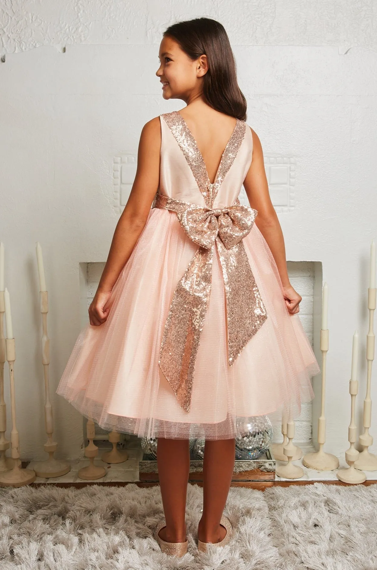 Blush/Rose Gold Sequins V Back & Bow Girls Dress