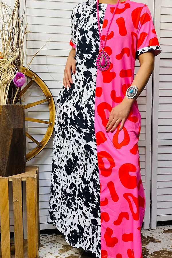 BQ14201 Half black cow,pink leopard printed maxi dress w/leg slit
