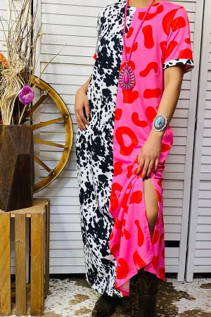 BQ14201 Half black cow,pink leopard printed maxi dress w/leg slit