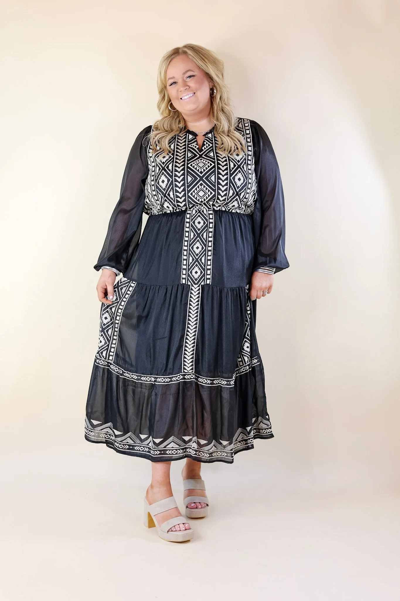 Bring The Drama Ivory Embroidered Maxi Dress with Long Sleeves in Black
