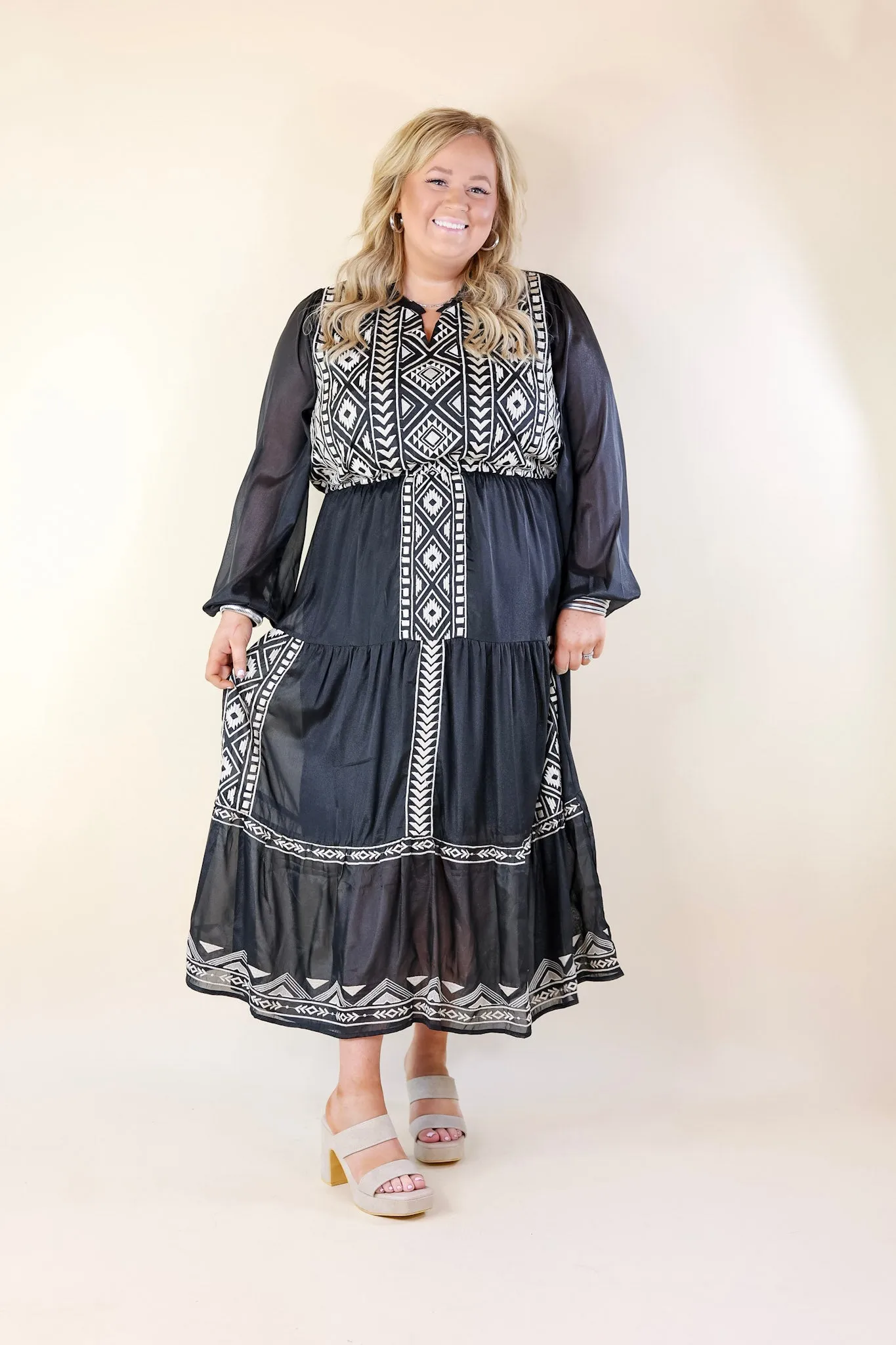 Bring The Drama Ivory Embroidered Maxi Dress with Long Sleeves in Black