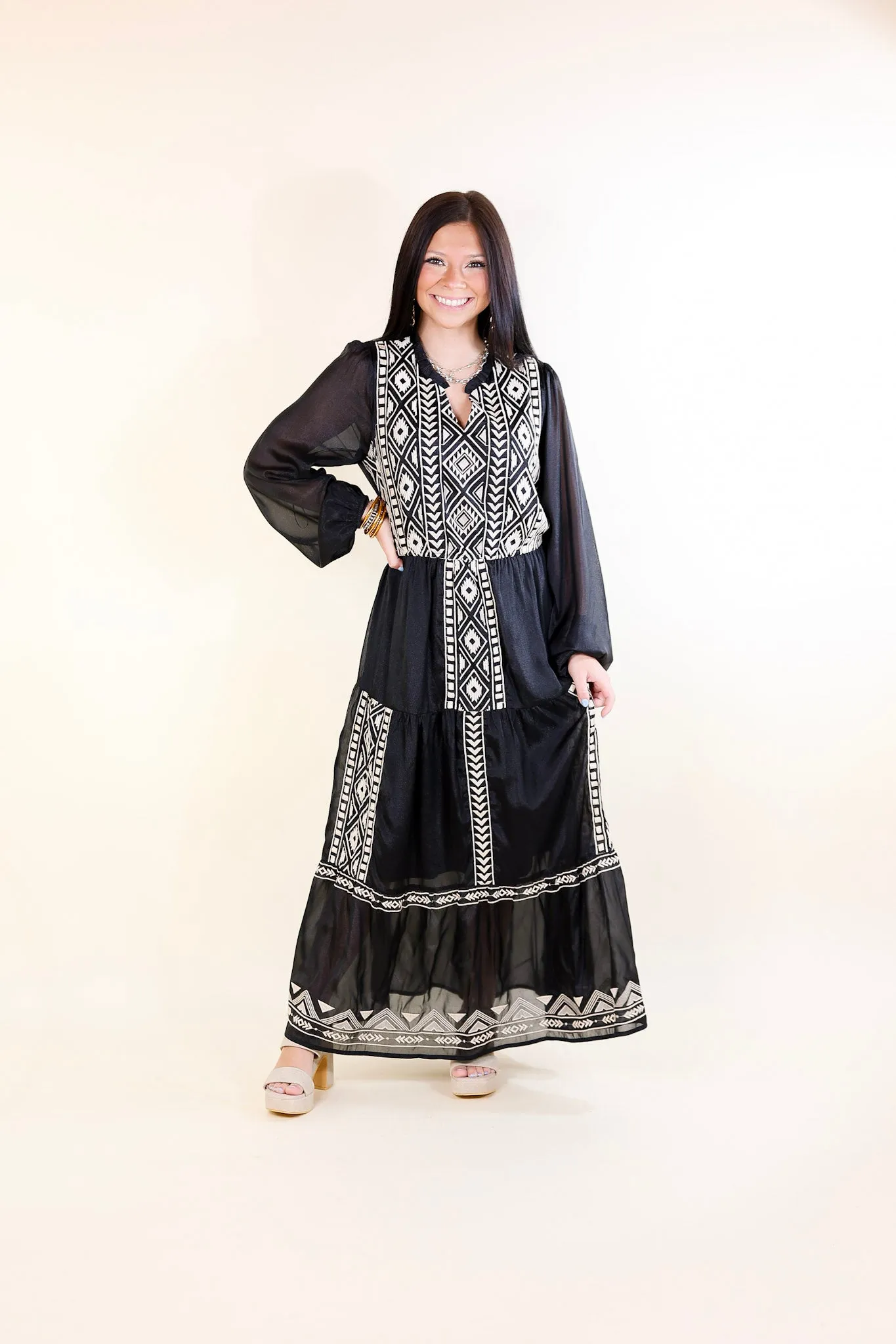 Bring The Drama Ivory Embroidered Maxi Dress with Long Sleeves in Black