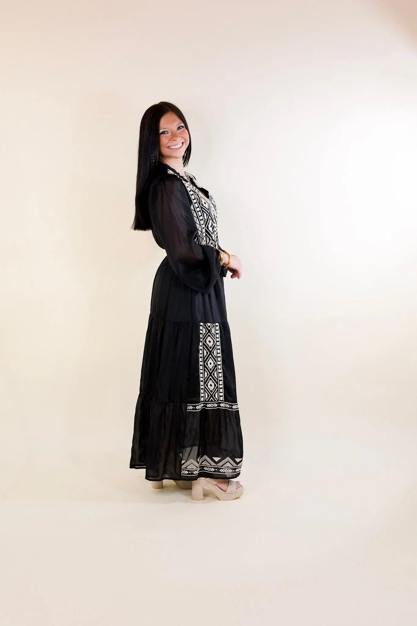 Bring The Drama Ivory Embroidered Maxi Dress with Long Sleeves in Black