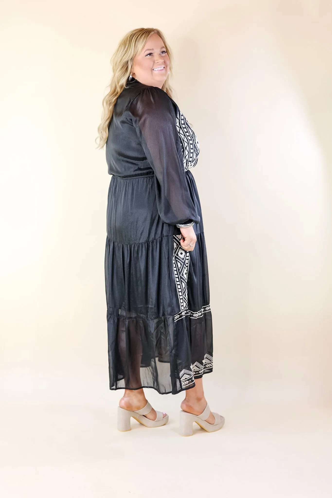 Bring The Drama Ivory Embroidered Maxi Dress with Long Sleeves in Black