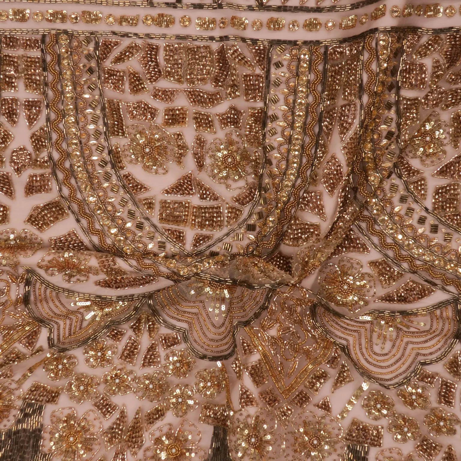 Bronze Floral Sequins and Beads on Embroidered Tulle Fabric