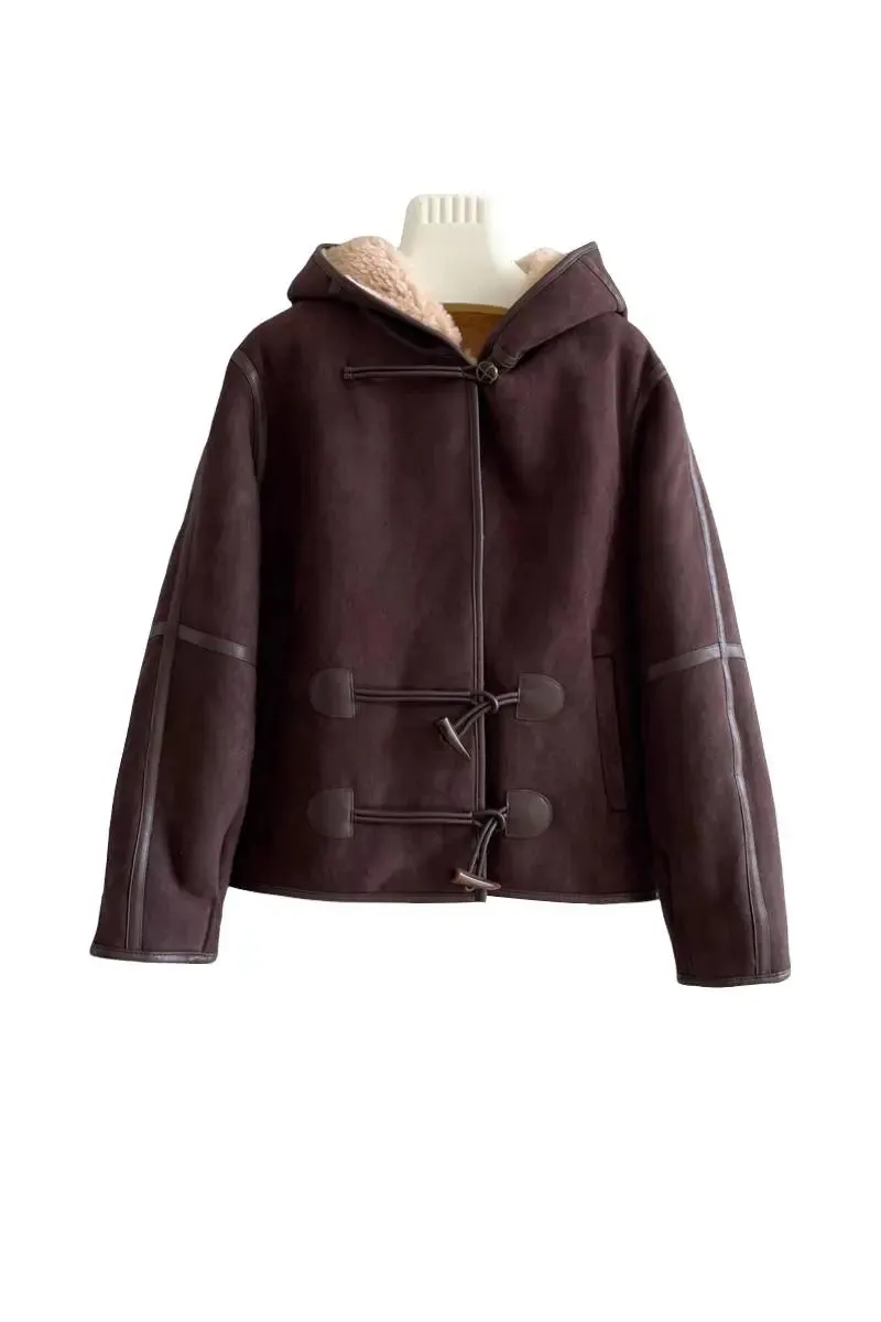 Brown Hooded Shearling Sheepskin Jacket