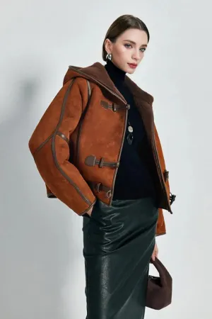 Brown Hooded Shearling Sheepskin Jacket