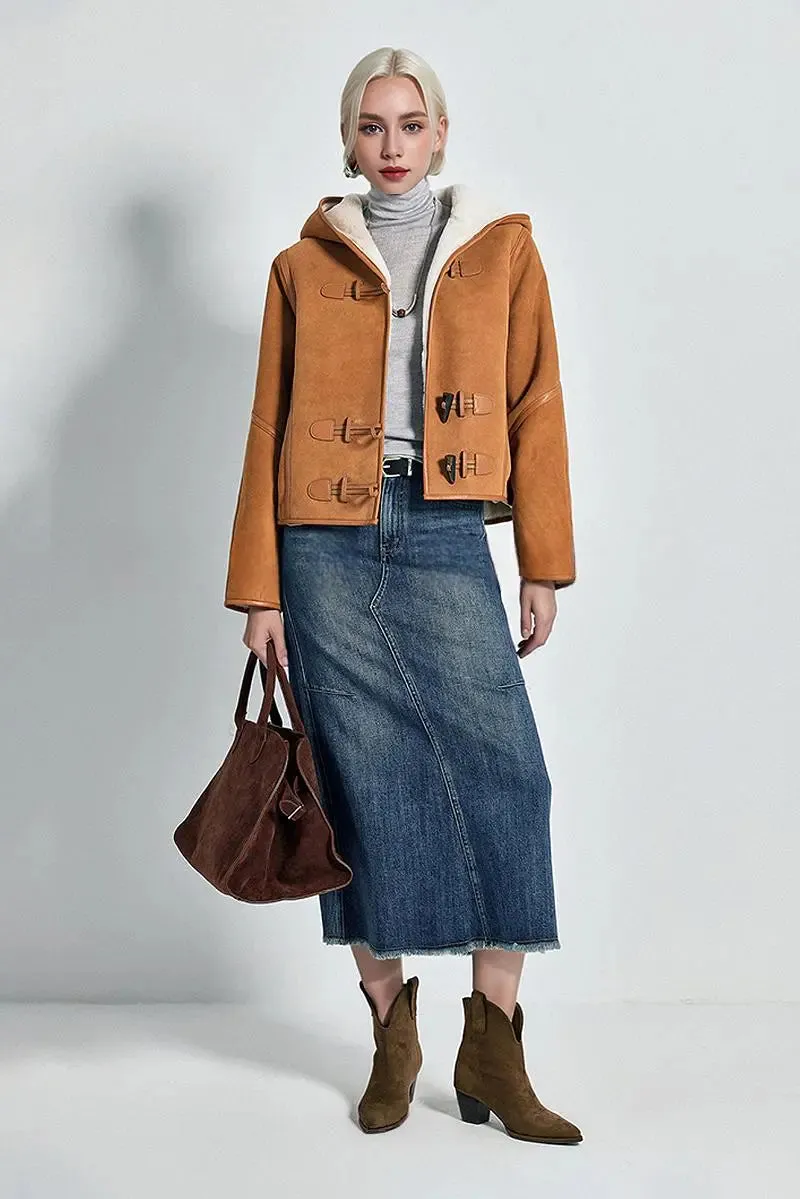 Brown Hooded Shearling Sheepskin Jacket