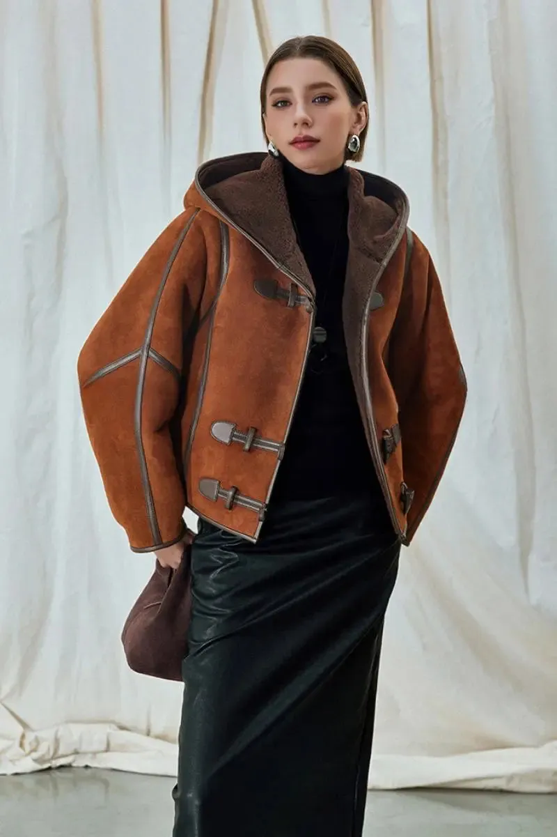 Brown Hooded Shearling Sheepskin Jacket
