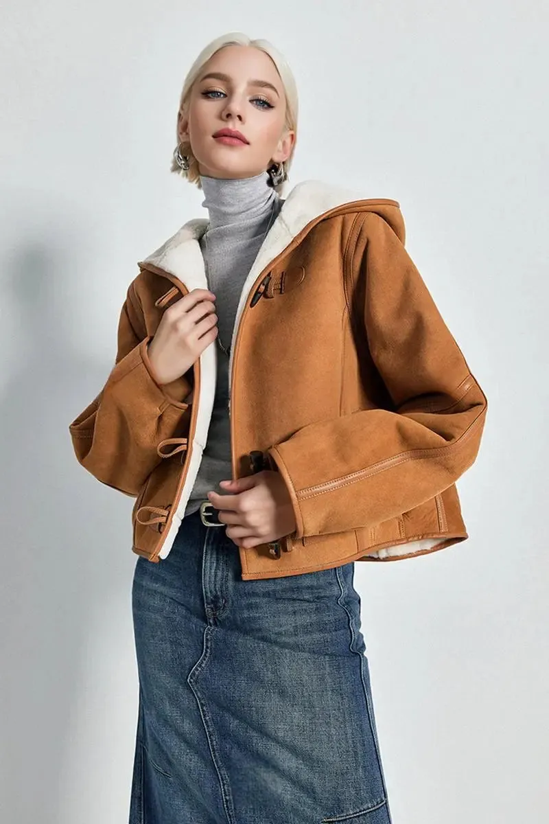 Brown Hooded Shearling Sheepskin Jacket