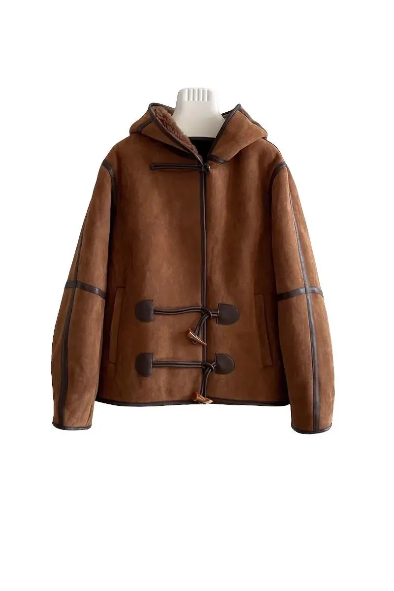 Brown Hooded Shearling Sheepskin Jacket
