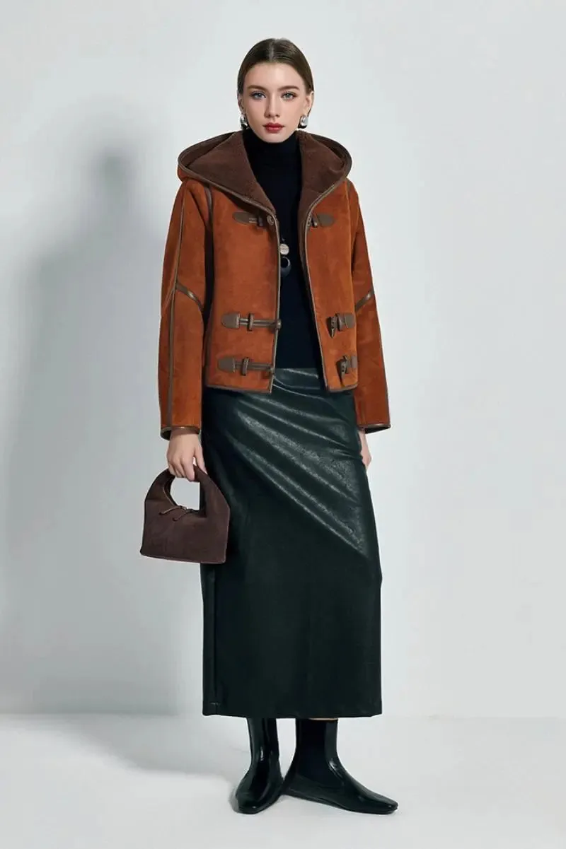 Brown Hooded Shearling Sheepskin Jacket