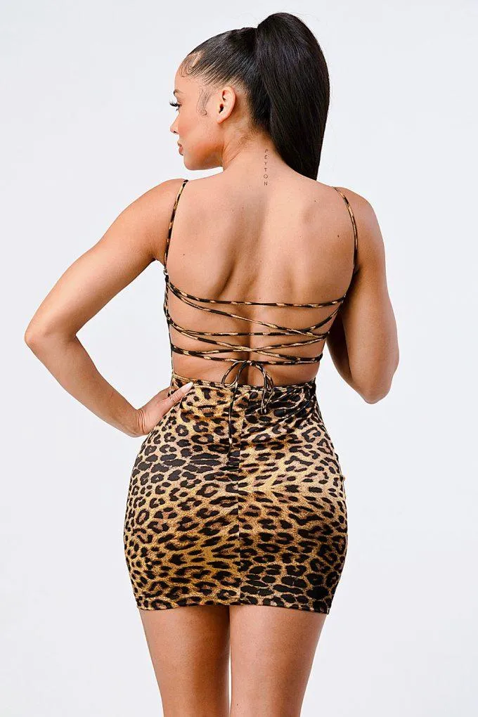 Brown Leopard Spaghetti Strap Backless Bodycon Knit Satin Club Party Mini Dress_