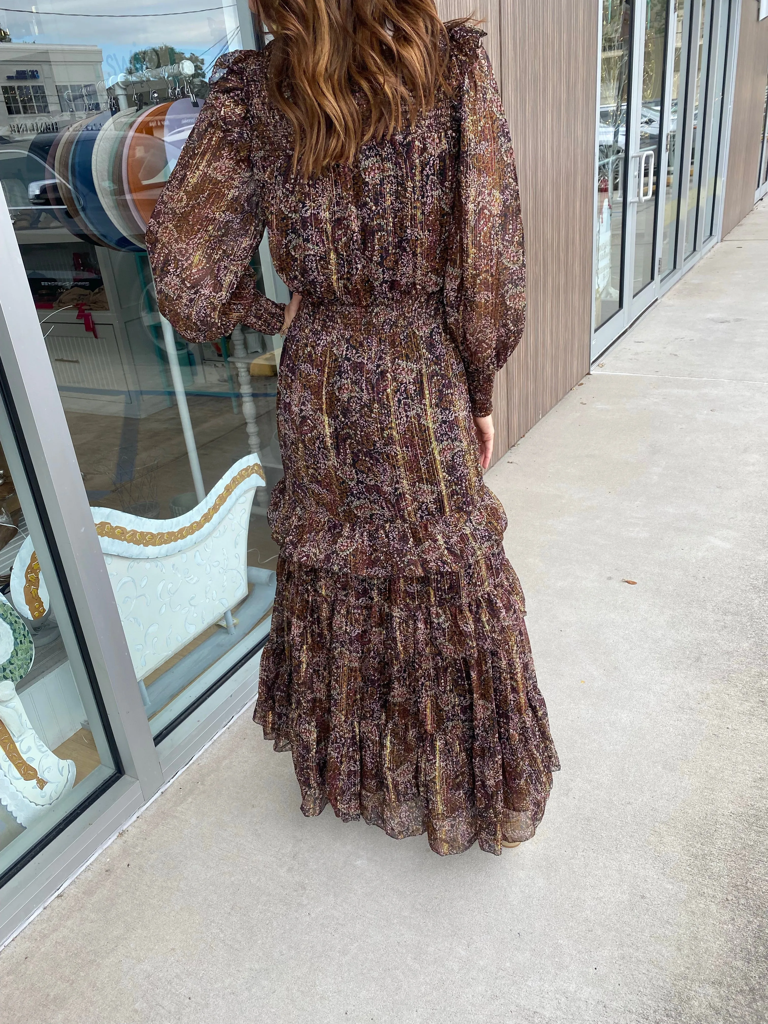 Brown Metallic Floral Smocked L/S Ruffle Dress