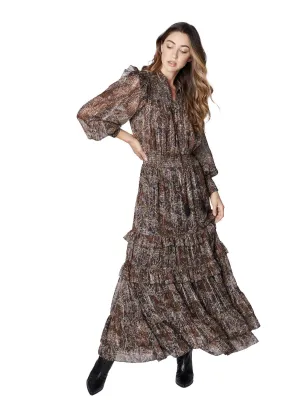 Brown Metallic Floral Smocked L/S Ruffle Dress