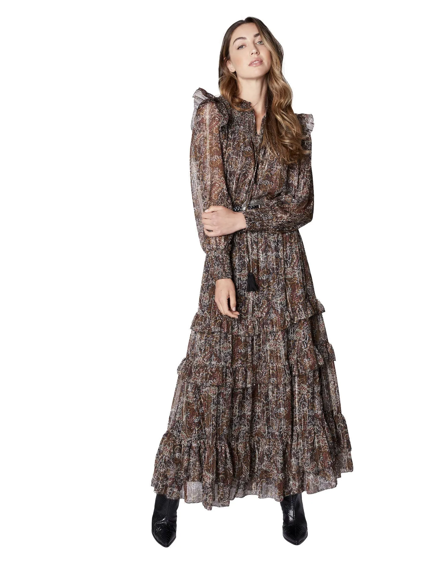Brown Metallic Floral Smocked L/S Ruffle Dress