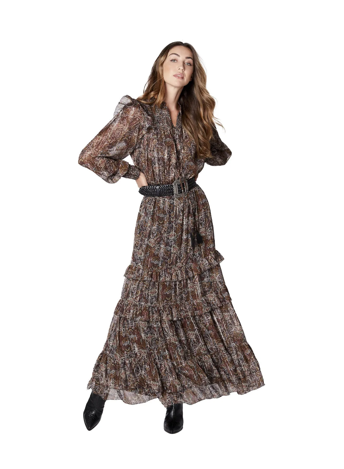 Brown Metallic Floral Smocked L/S Ruffle Dress