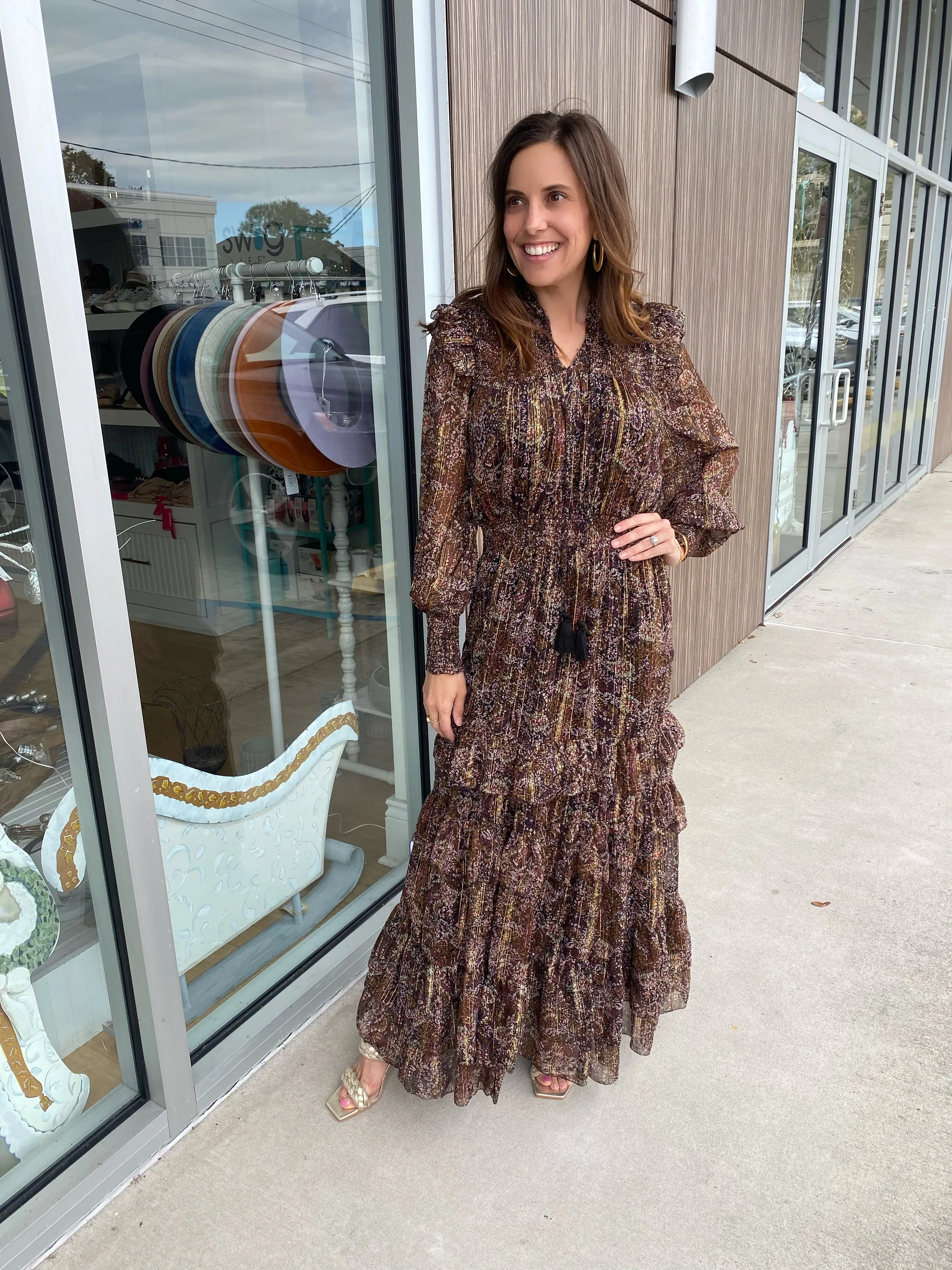 Brown Metallic Floral Smocked L/S Ruffle Dress
