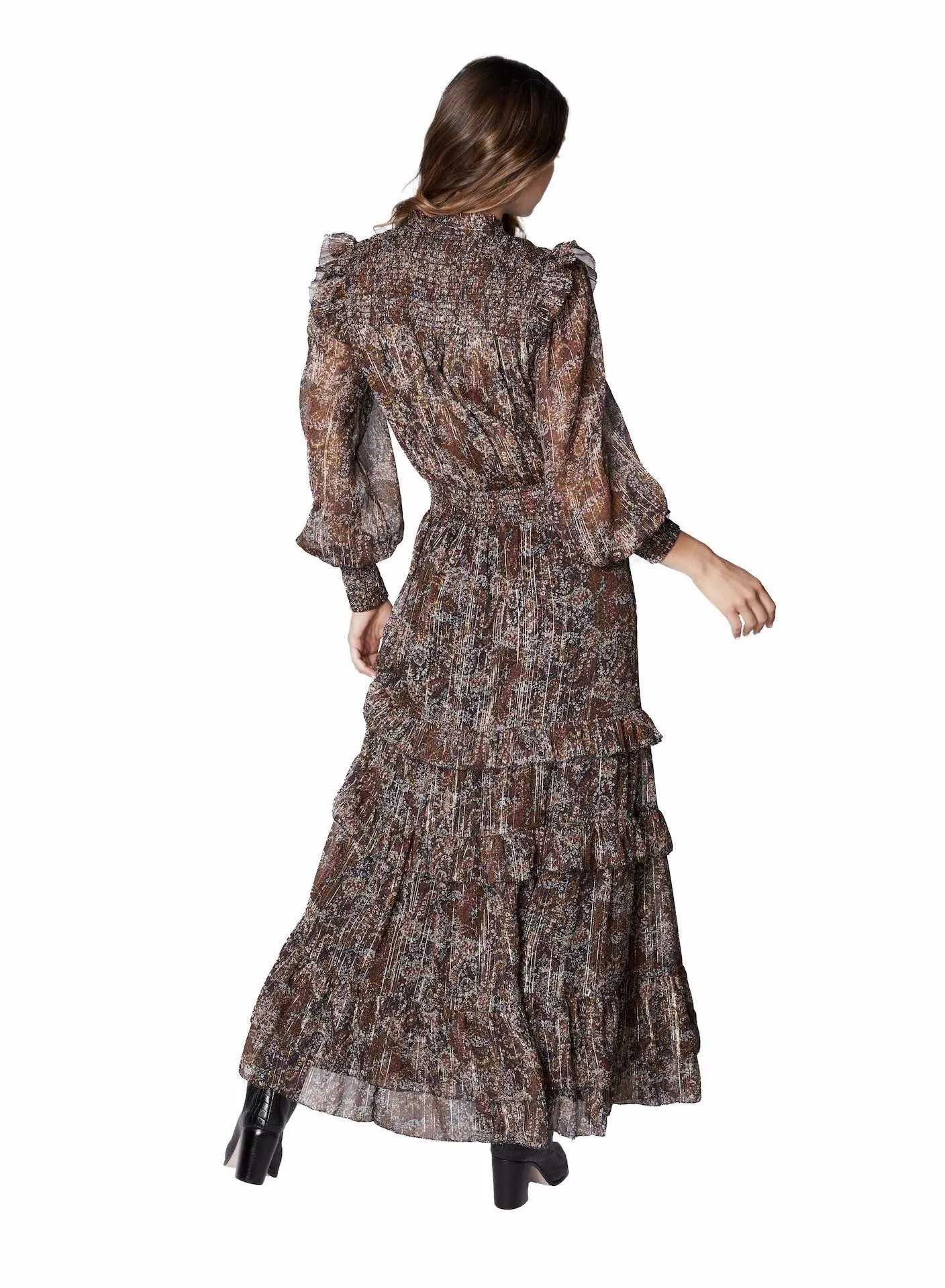 Brown Metallic Floral Smocked L/S Ruffle Dress