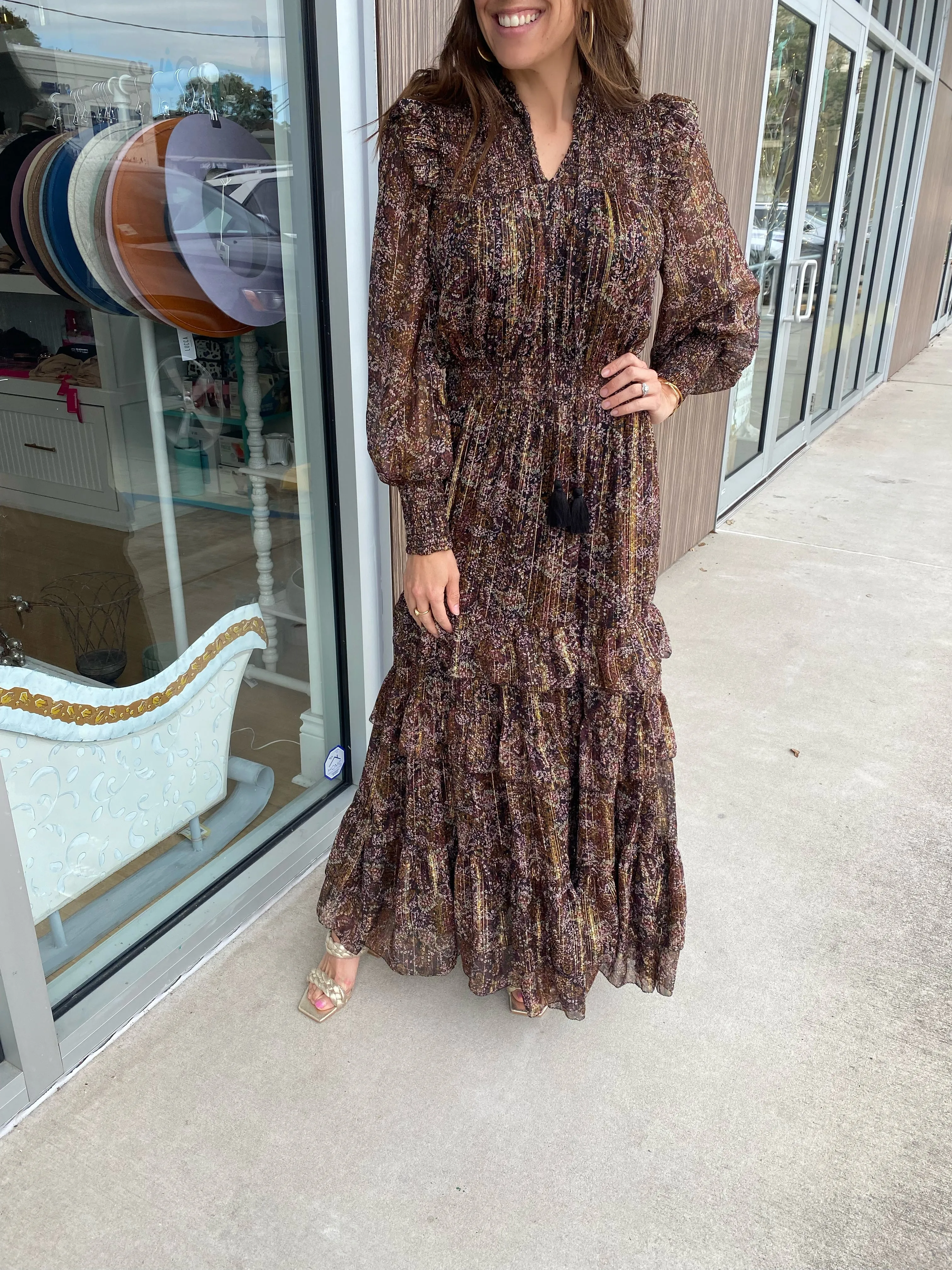 Brown Metallic Floral Smocked L/S Ruffle Dress