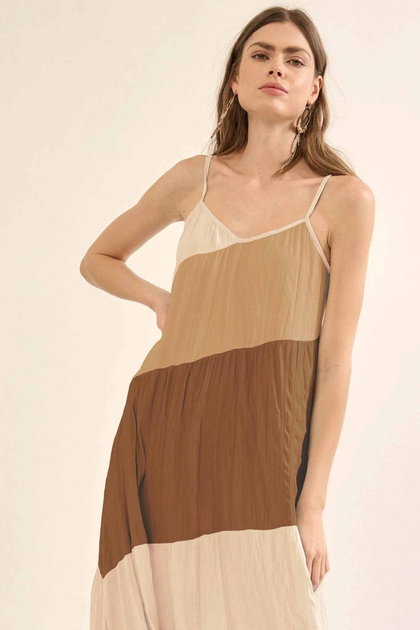 Buena Vista Colorblock Satin Tiered Maxi Dress