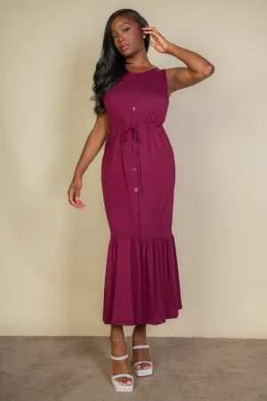 Button Front Tie Waist Sleeveless Maxi Dress