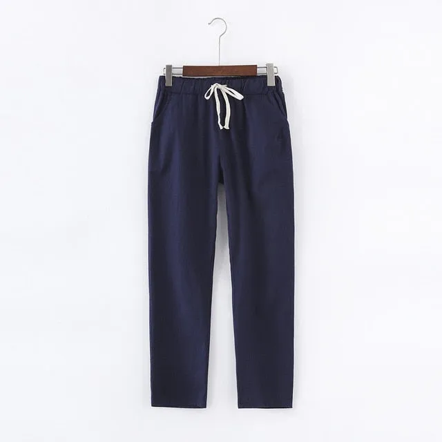 Candy Colours Pants Women Lace Up Cotton Linen Sweatpants