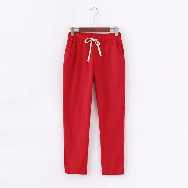 Candy Colours Pants Women Lace Up Cotton Linen Sweatpants