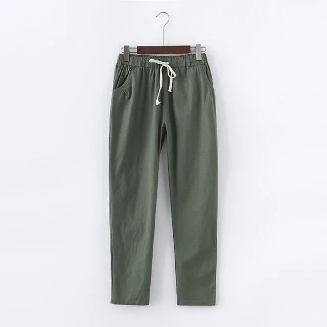 Candy Colours Pants Women Lace Up Cotton Linen Sweatpants