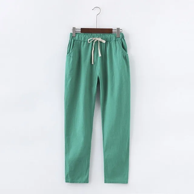 Candy Colours Pants Women Lace Up Cotton Linen Sweatpants