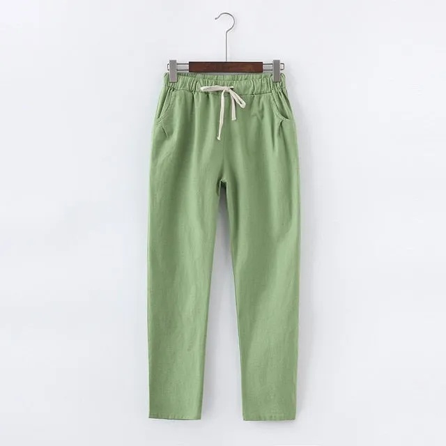 Candy Colours Pants Women Lace Up Cotton Linen Sweatpants