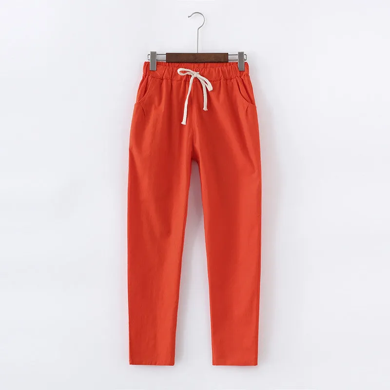 Candy Colours Pants Women Lace Up Cotton Linen Sweatpants