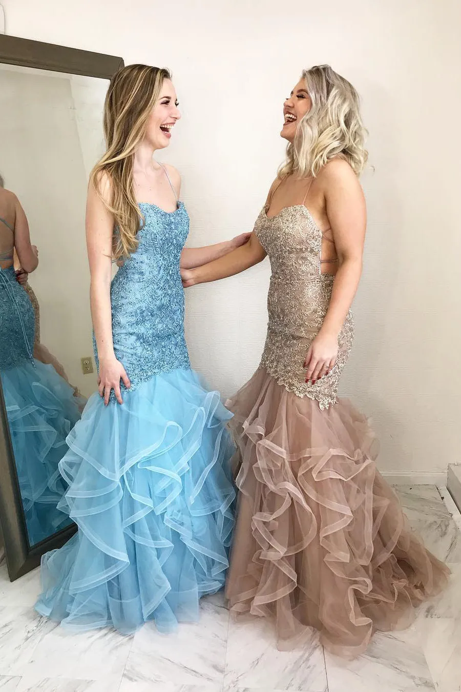 Cascading Ruffles Mermaid Prom Gown with Open Back