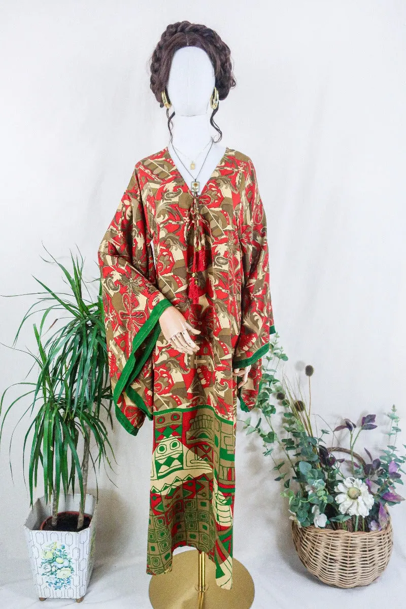 Cassandra Maxi Kaftan - Ash Brown, Green & Bright Red - Vintage Sari - Size S/M