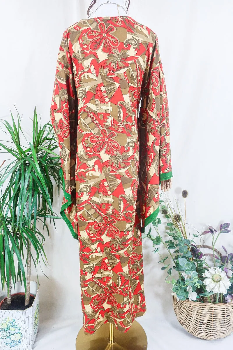 Cassandra Maxi Kaftan - Ash Brown, Green & Bright Red - Vintage Sari - Size S/M