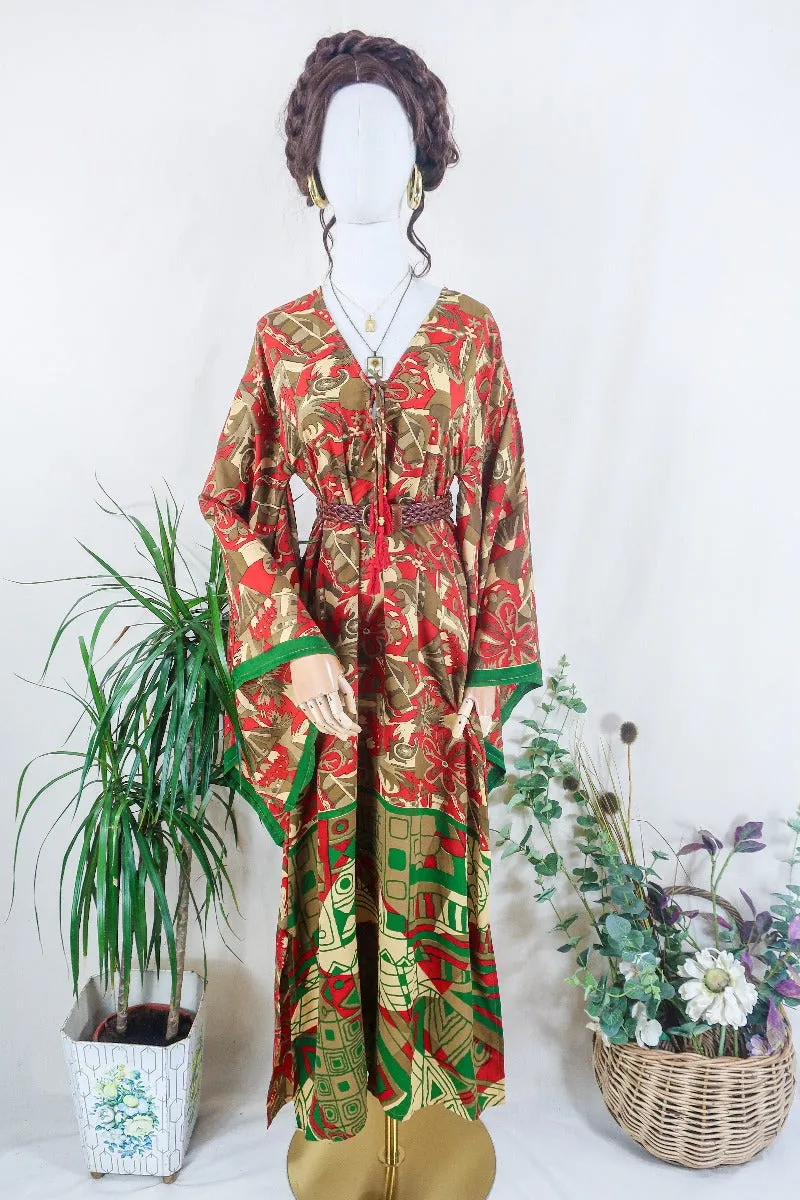 Cassandra Maxi Kaftan - Ash Brown, Green & Bright Red - Vintage Sari - Size S/M