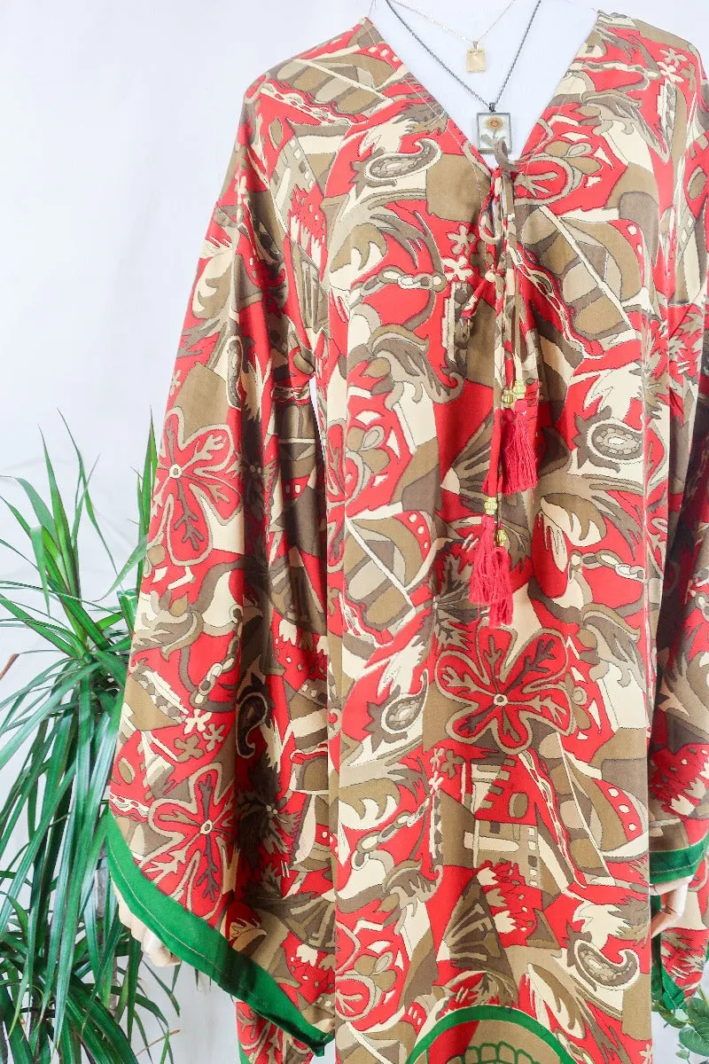 Cassandra Maxi Kaftan - Ash Brown, Green & Bright Red - Vintage Sari - Size S/M