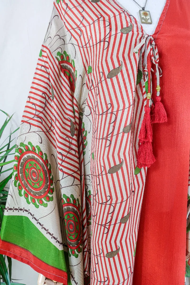 Cassandra Maxi Kaftan - Candy Apple Red Botanical - Vintage Sari - Size M/L