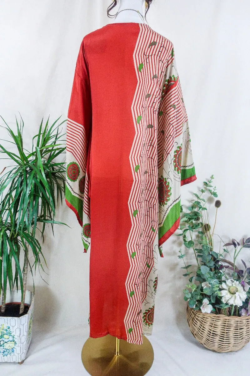 Cassandra Maxi Kaftan - Candy Apple Red Botanical - Vintage Sari - Size M/L