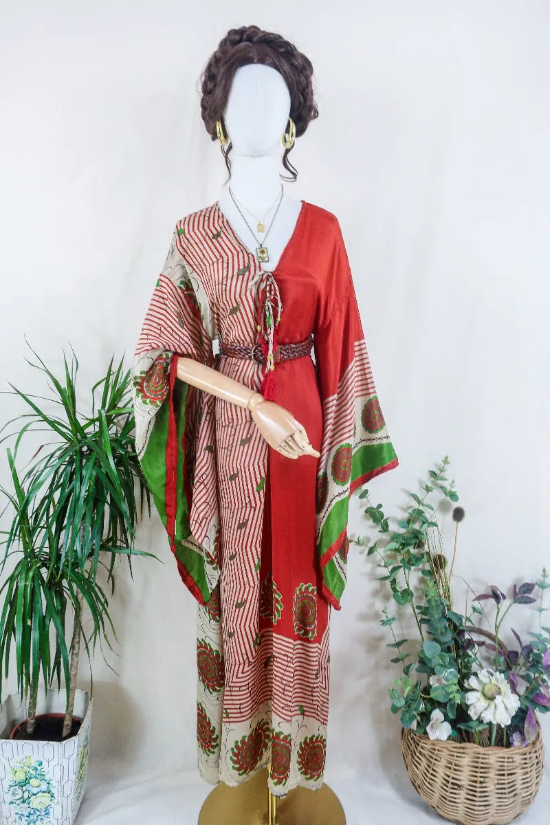 Cassandra Maxi Kaftan - Candy Apple Red Botanical - Vintage Sari - Size M/L