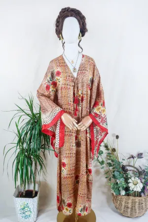 Cassandra Maxi Kaftan - Cedar Brown & Red Floral - Vintage Sari - Size S/M